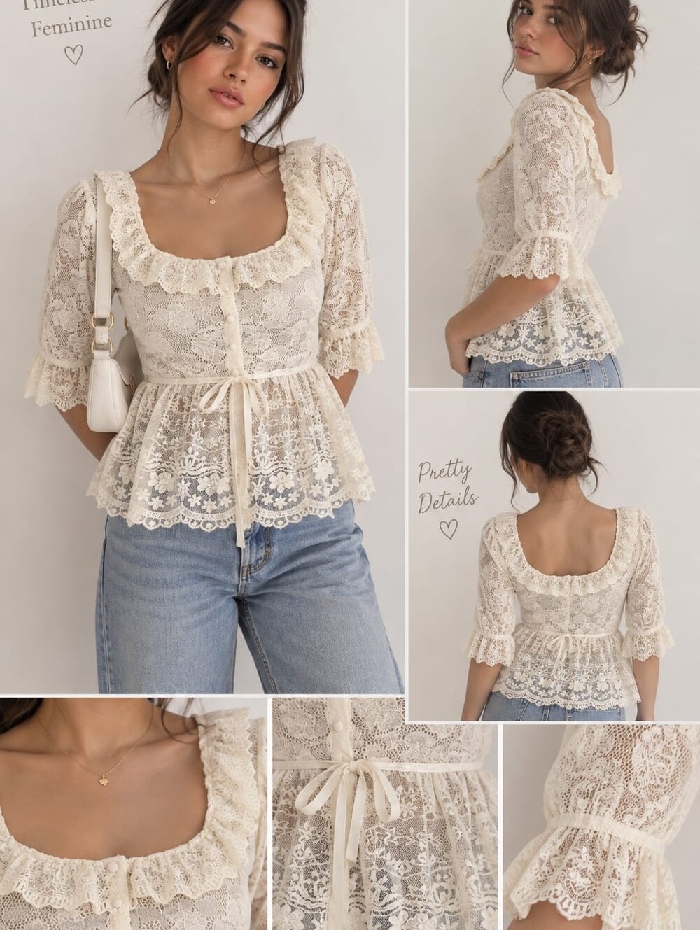 Zara Cream Lace Peplum Blouse with Ribbon